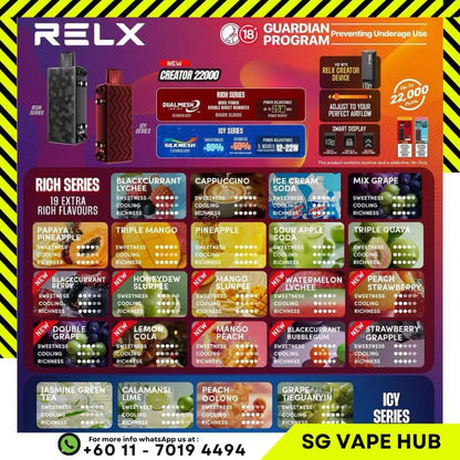 Relx Creator product display with various flavors and branding elements.