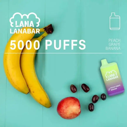 Lana-Bar-5000-Puffs-Peach-Grape-Banana-Flavor-on-a-blue-gradient-background-LANA
